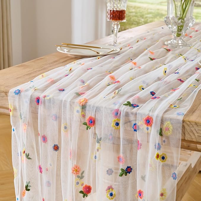 BINBE 3pcs Ivory Daisy Spring Table Runner Embroidery Gauze 10FT Florals Seasonal Tulle Holiday Birthday Kitchen Dining Table Decor for Home Party