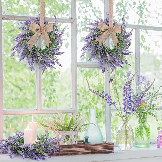 4 PCS Spring Wreath for Front Door Lavender Candle Ring Wreaths Mini Purple Table Centerpieces 9 Inch Floral Wreaths for Pillars Cabinets Farmhouse Spring Summer Wedding Party Home Decor