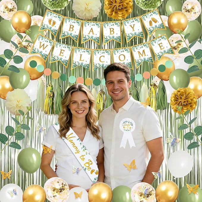 234 Pc Sage Green Baby Shower Decorations Set- Serve 24 Guests, All-in-One Neutral Baby Party Supplies Kit with Balloon Arch, Foil Fringe Curtain, Tableware Set, Cake Topper, Banner, Sash, Tablecloth