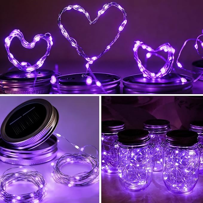 Mason Jar Solar Lights 30 LED Outdoor Solar Firefly Lights,Solar Fairy Lids Lights（No Jars）,Waterproof Lantern Mason String Solar Lights with Hangers for Regular Mouth Jars (12pack-Purple)