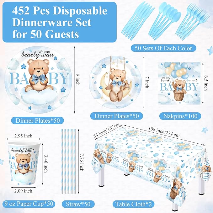 Funnymoom 452 Pcs 50 Guests We Can Bearly Wait Baby Shower Decorations Boy, Blue Baby Boy Shower Paper Plates Napkins Cups Tablecloth Cutlery Straws Tableware Set for Gender Reveal Party Supplies