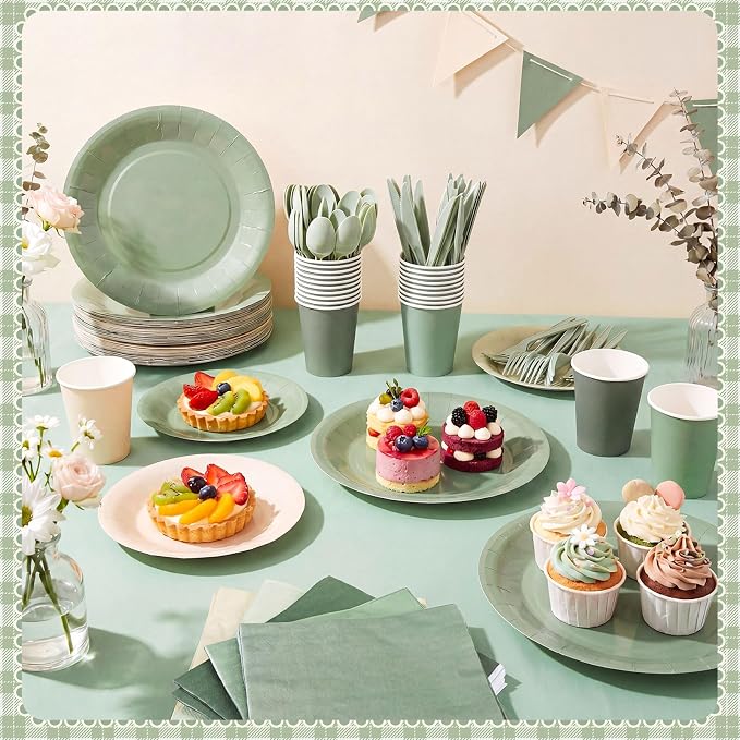 Mimorou 177 Pcs Sage Green Plates and Napkins Set Serves 25 Guests Gradient Sage Green Tablecloth Plates Cup and Napkins Tableware for Birthday Wedding Bridal Baby Shower Party Supplies