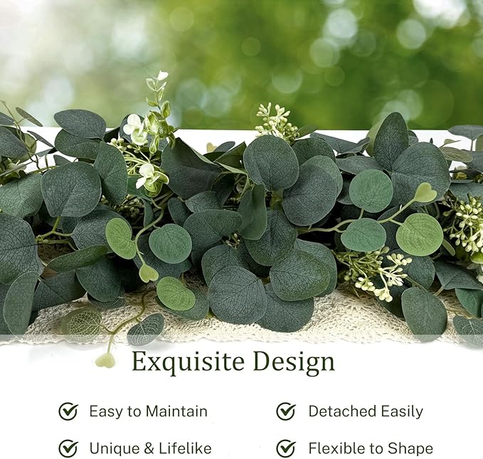 4Pcs 6FT Eucalyptus Garland, Green Garland with Flowers,Artificial Faux Greenery Vines for centerpieces Wedding Party Table Runner Room Home Mantle Decor