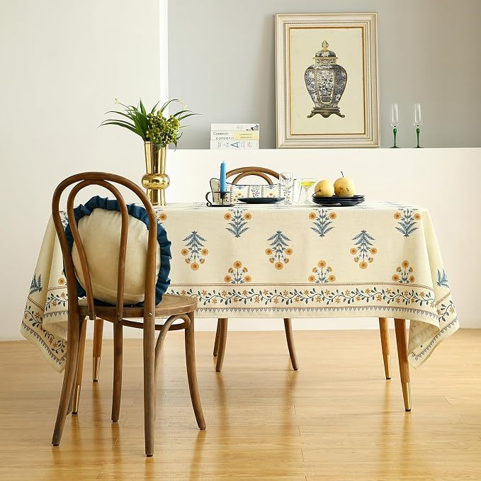 ISAENNE Designer French Linen Rectangular Tablecloth,102"x63"-Estevan A | Vintage Elegant Printed Table Cloth for Rectangle Table,Pale Yellow Floral Pattern,Decor,Dining Room,Kitchen,Thanksgiving