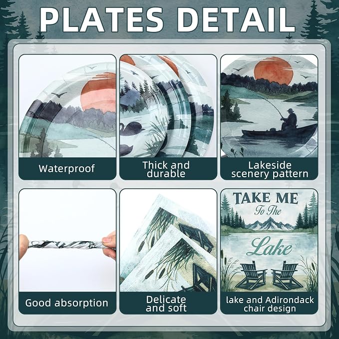 300 Pcs Lake Life Birthday Party Supplies Summer Lakeside Party Dinnerware Includes Plates, Napkins and Cups Plastic Cutlery Happy Birthday Dinnerware Kits, Serve 50 Guests