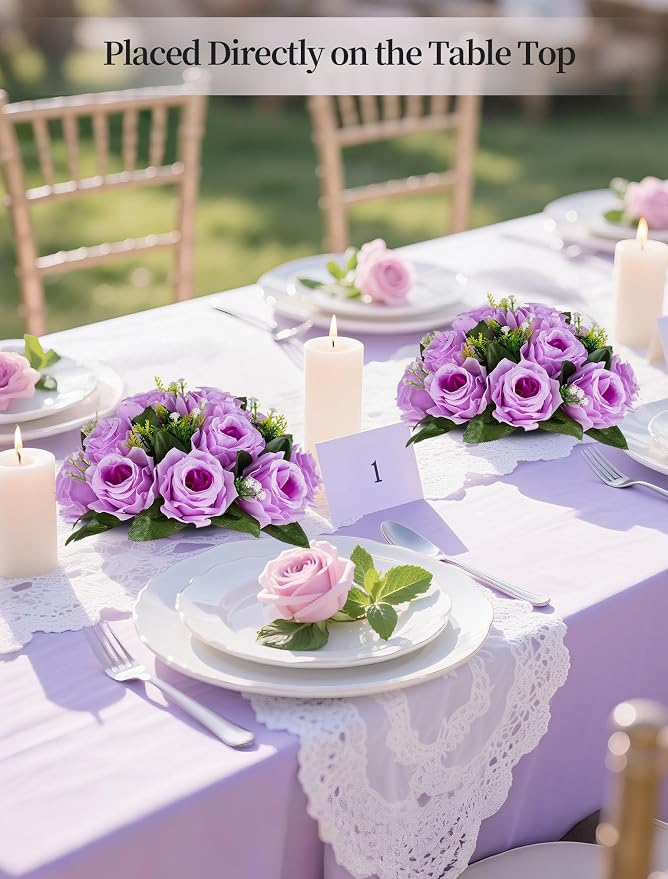 BLOSMON Flower Balls Table Centerpieces: 2 Pcs Fake Roses with Base Decor | Lilac Withe Kissing Floral Balls Arrangements for Wedding Decor - Faux Silk Flower Bouquet Home Party Event DIY Decorations