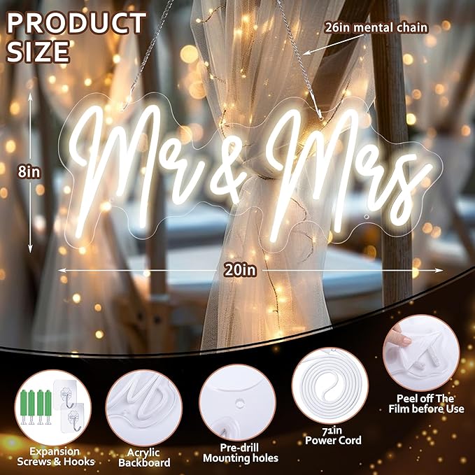 20in Mr and Mrs Wedding Neon Signs-Adjustable USB Mr and Mrs Light Up Sign Neon Wedding Decor Signs Backdrop Decorations for Reception Anniversary Engagement Gifts