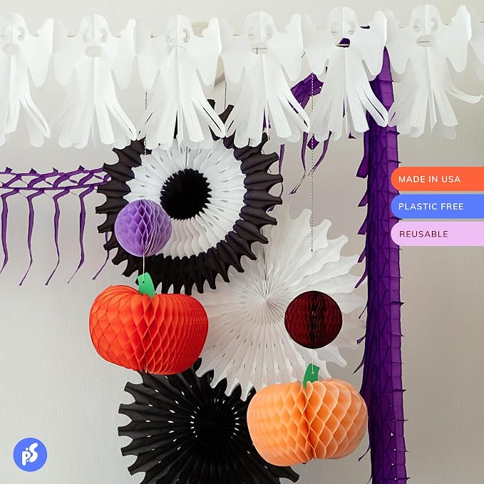 Plastic Free Paper Party Decoration Set - 15 Pieces, Halloween Party - Made in USA - Eco friendly Recycled Paper FSC Sustainable Recyclable Reusable Pack