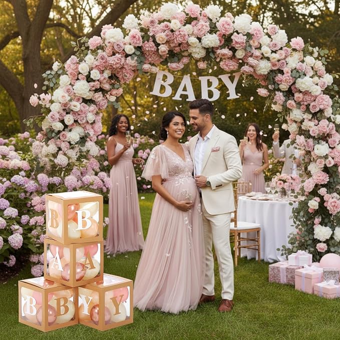 Zhanmai baby Boxes for Bear Baby Shower Decoration with 4 Letters 36 Balloons 4 Transparent Clear Balloon Box Blocks for Boy Girl Gender Reveal Party Favors(Rose Gold,Pink,Apricot,Ivory)