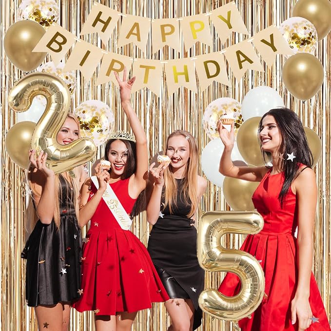 Trgowaul 25th Birthday Decorations for Women, Banner, Sash and Crown, Cake Topper, 25 Number Balloon, Fringe Curtains, Champagne Gold 25th Birthday Party Supplies