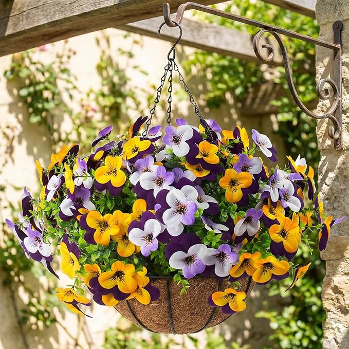 2 Set Artificial Outdoor Pansy Flowers with Hanging Baskets, 2 Hanging Baskets with 24 Pcs Silk Flowers for Spring Easter Decorations Porch Patio Home Decor (2, Purple, Yellow, White, Light Purple)