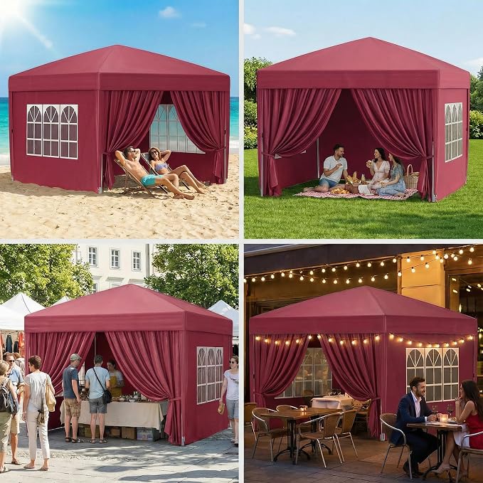 10x10 Pop Up Canopy with Sidewalls, Instant Tent with Carry Bag, Height Adjustable Waterproof Shade Canopy, for Event, Parties, Camping (Red, 10x10 with Sidewalls)