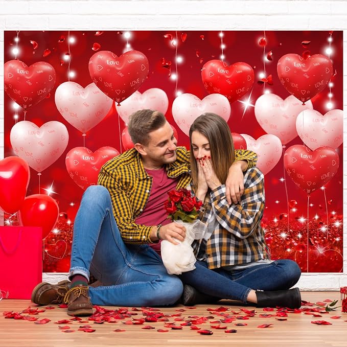 Red Hearts Balloons Anniversary Backdrop Banner 7x5ft Romantic Love Theme Photo Background For Anniversary Engagement Wedding Bridal Shower Couples Date Night Party Decorations Photo Booth (82x59inch)