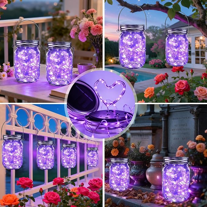 Mason Jar Solar Lights 30 LED Outdoor Solar Firefly Lights,Solar Fairy Lids Lights（No Jars）,Waterproof Lantern Mason String Solar Lights with Hangers for Regular Mouth Jars (12pack-Purple)