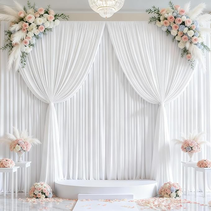 White Backdrop Curtains for Wedding, Wrinkle Free Polyester Photography Backdrop Drapes 8x10FT Photo Backdrop for Baby Shower Birthday Parties Stage Photoshoot Background Decorations 4x10ft,2 Panels