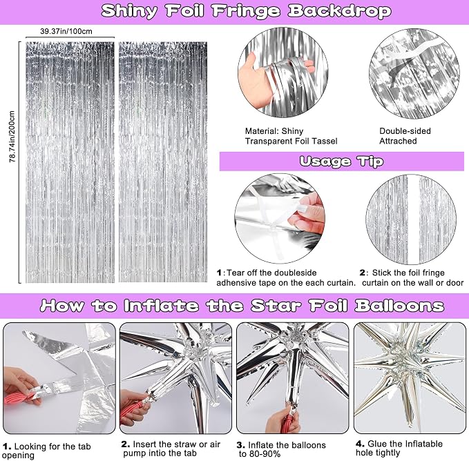Purple Birthday Decorations for Women Girls, Lavender Purple Silver Party Decorations Kit with Happy Birthday Banner Backdrop Tablecloth Fringe Curtain Balloon Arch