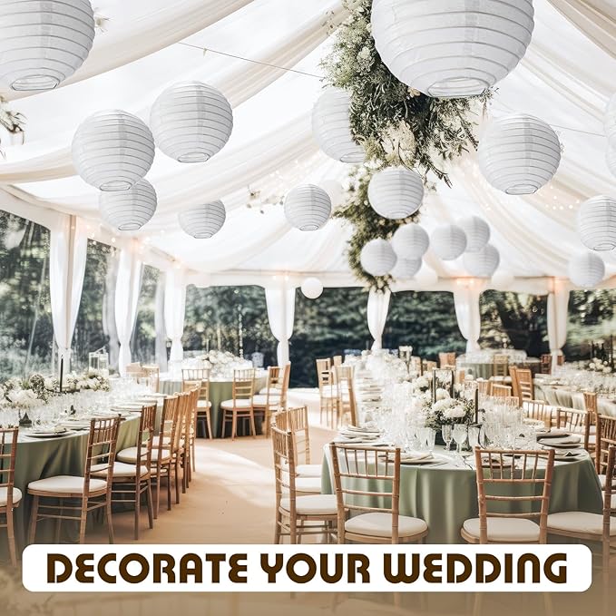 Treela 48 Pcs Paper Lanterns Party Decorations Chinese Round Paper Decor 4/6/8/10 Inch Asian Hanging Lamps Decorative for Graduate Wedding Birthday Party Bridal Parties Supplies(White)