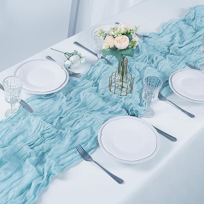 30 Pieces Light Blue Cheesecloth Table Runner, 17x108 Inch Long Boho Gauze Table Runner Rustic Decorations for Wedding Birthday Holiday Party Baby Shower Table Decor