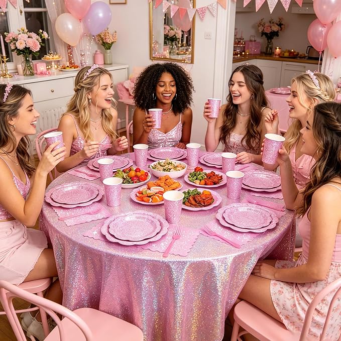 Light Pink Iridescent Plates and Napkins Set, Disposable Holographic Plates Cups Napkins Forks Tablecloth Party Supplies for Birthday Baby Shower Bridal Shower Party Decorations, Serves 24 Guests
