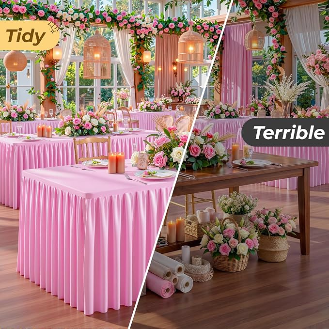 Pink Polyester Table Cloths for Rectangle 6 Foot Tables, 6 Pack Wrinkle Free Tablecloths Stretchy Banquet Ruffle Fitted Table Cover Desk Skirt for Parties Wedding Birthday Baby Shower