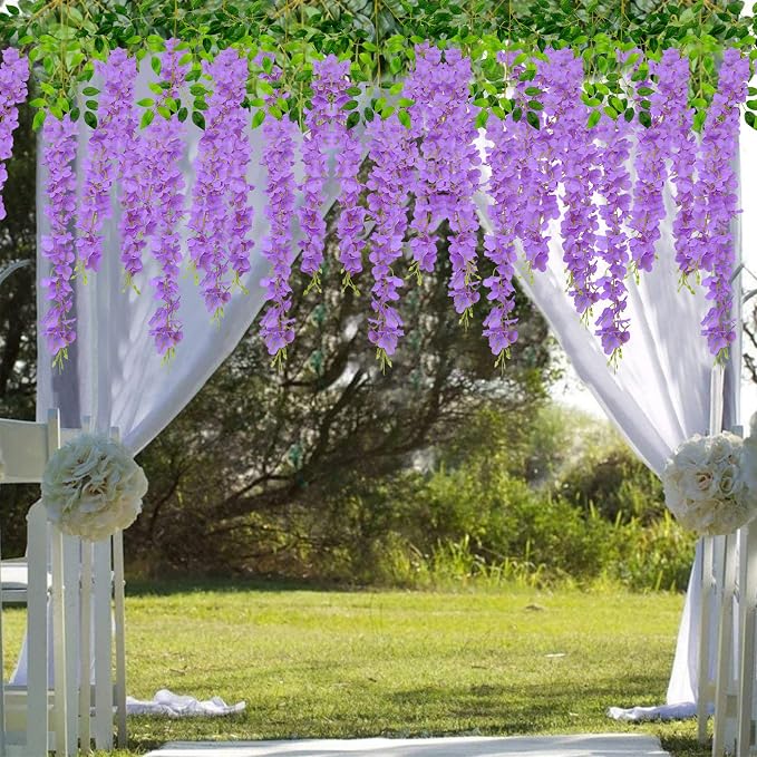 U'Artlines 12 Pack(Total 86.4 Feet) Artificial Fake Wisteria Vine Rattan Hanging Garland Silk Flowers String Home Party Wedding Decor (12, Purple)