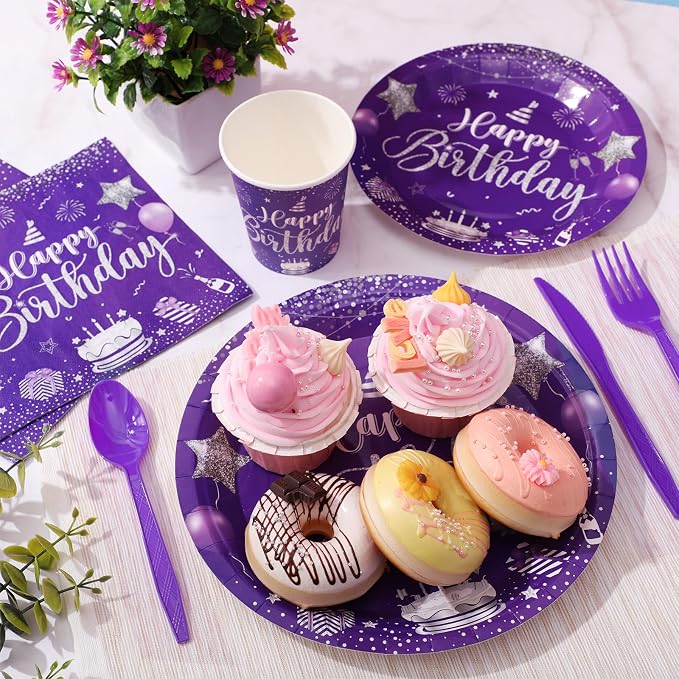 Vesici 350 Pcs Happy Birthday Party Supplies Disposable Party Tableware Set Serves 50 Included Plates Napkins Cups Cutlery for Men Woman 50th 80th Birthday Party Decorations (Silver Purple)