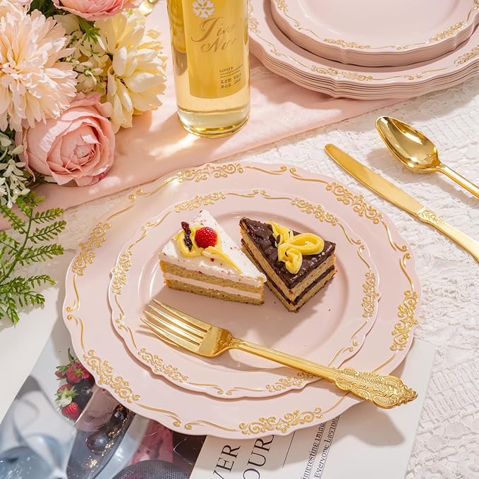 DaYammi 150Pcs Pink Plastic Plates with Gold Rimmed & Gold Silverware,Pink Disposable Plates for Party Include 30 Dinner Plate,30 Dessert Plate,30 Knives,30 Forks,30 Spoons for Mother's Day Party
