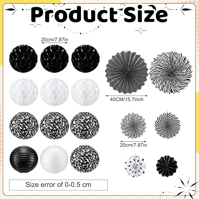 Retisee 18 Pcs Composition Classroom Decoration Kits Black and White Composition Hanging Paper Lanterns Paper Fans Honeycomb Balls Decor for Graduation End of Year School Classroom Supplies