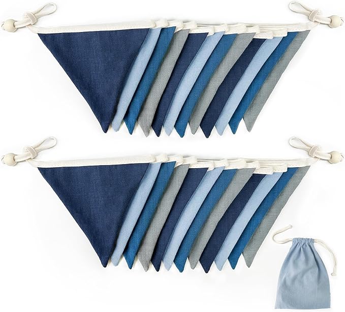 2 Sets of Blue Grey Nursery Garland 24Pcs Royal Fabric Linen Baby Banner Triangle Pennant Flags Streamers for Kids Boys Nautical Birthday Baby Shower Party Decorations Baby Bedroom Nursery Decor