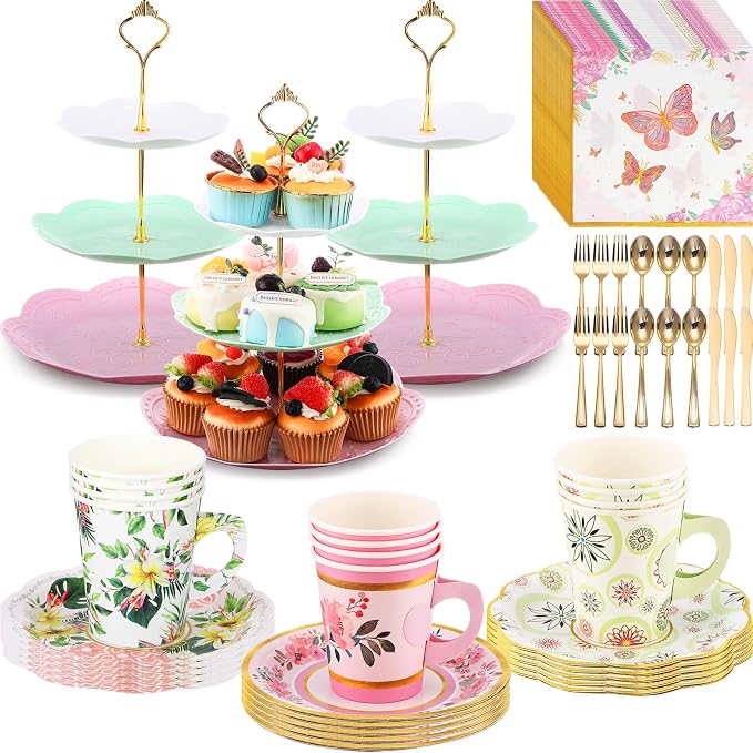 Layhit 83 Pcs Disposable Tea Party Set with 3 Tier Cake Stand Vintage Floral Paper Cups Plates Napkins Cutlery for Women Girls Birthday Baby Shower Bridal Shower Tea(Classic)