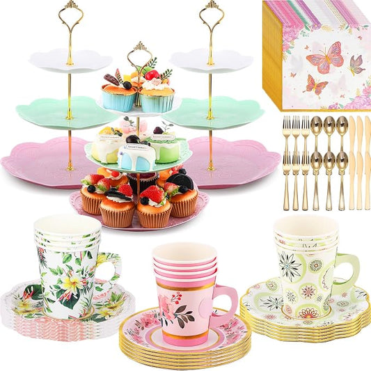 Layhit 83 Pcs Disposable Tea Party Set with 3 Tier Cake Stand Vintage Floral Paper Cups Plates Napkins Cutlery for Women Girls Birthday Baby Shower Bridal Shower Tea(Classic)