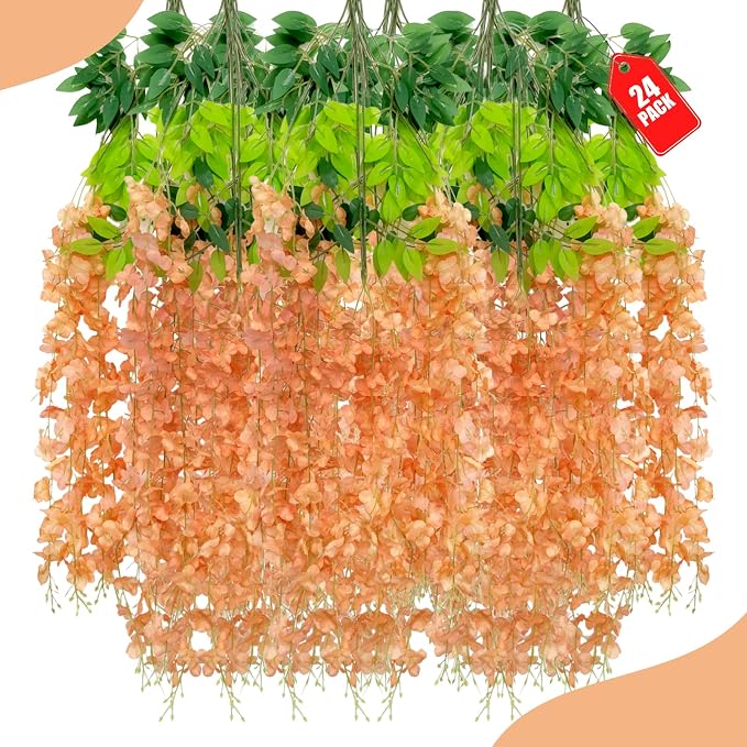 24 Pack Orange Wisteria Hanging Flowers, 3.4 Ft Fake Hanging Flowers, Artificial Wisteria Garland Vines for Wedding Room Backdrop Outdoor Patio Garden Thanksgiving Decoration