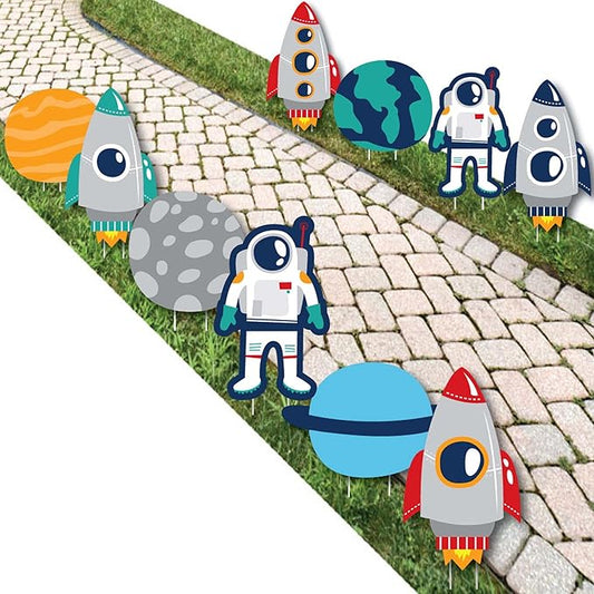 Big Dot of Happiness Blast Off to Outer Space - Astronaut, Space Ship and Planet Lawn Decorations - Outdoor Rocket Ship Baby Shower or Birthday Party - 10 Piece