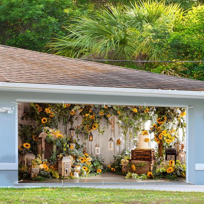 Sunflower Garage Door Banner 7x16ft Waterproof -Rustic Farmhouse Backdrop with Greenery,Wedding &Birthday Decor,Photo Booth Background