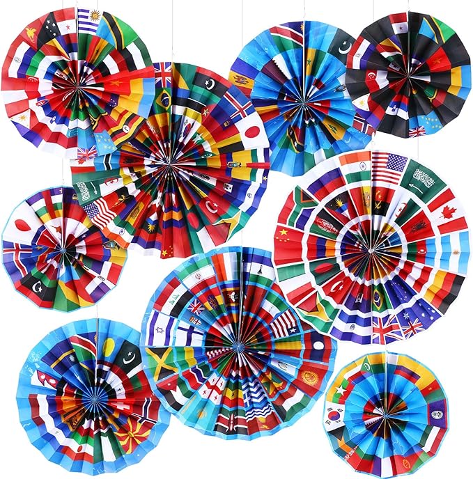 Outus 9 Pcs International World Flags Classroom Decorations Around the World Hanging Paper Fans Country Flags International Decor Party Banner Garland for Office Classroom Decor