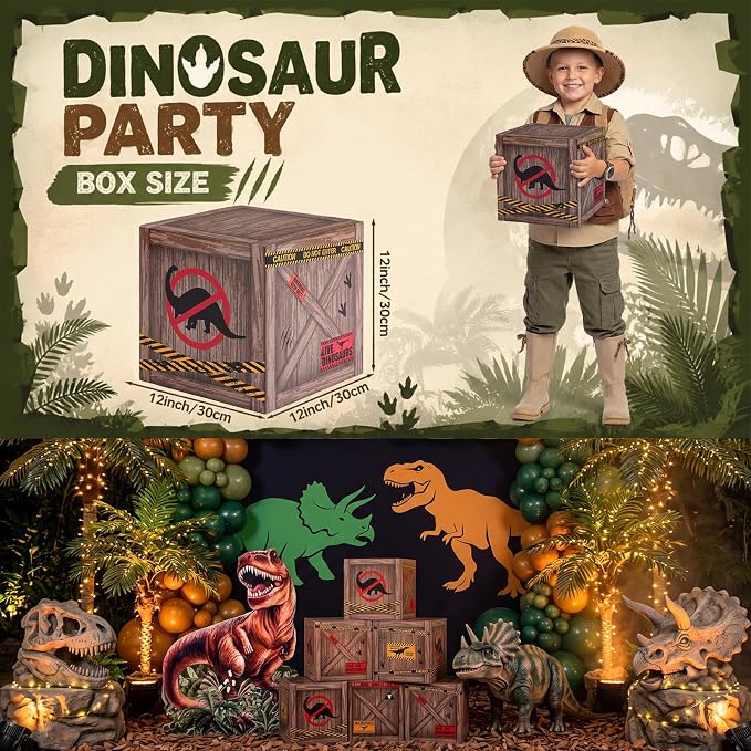 8 Pcs Dinosaur Party Decorations Set Includes 6 Pieces Dinosaur Theme Boxes and 2 Pieces Large Plastic Dino Standup Birthday Decor Photo Booth Prop Backdrop for Dino Party Supplies
