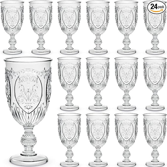 Wiwiqing 24 Pcs Plastic Goblets 7.5oz Vintage Goblet Plastic Wine Glasses Colored Retro Embossed Water Goblets for Wine Bar Juice Baby Shower Wedding Reception Grand Event Party (Clear)