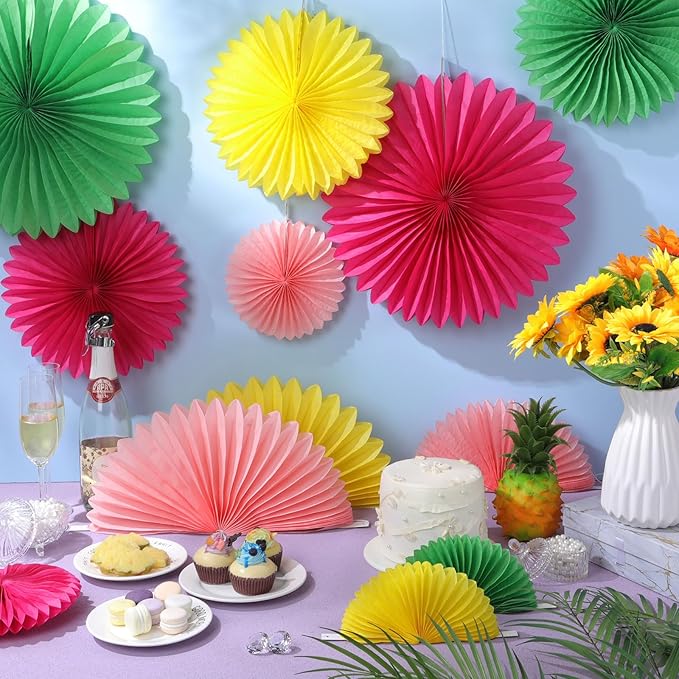 MotiMind 24 Pcs Hawaiian Party Decorations Hanging Paper Fans Flowers for Luau Flamingo Birthday Party Classroom Pink Green Rose Red Yellow Background Ceiling Wall Decor Wedding Baby Bridal Shower