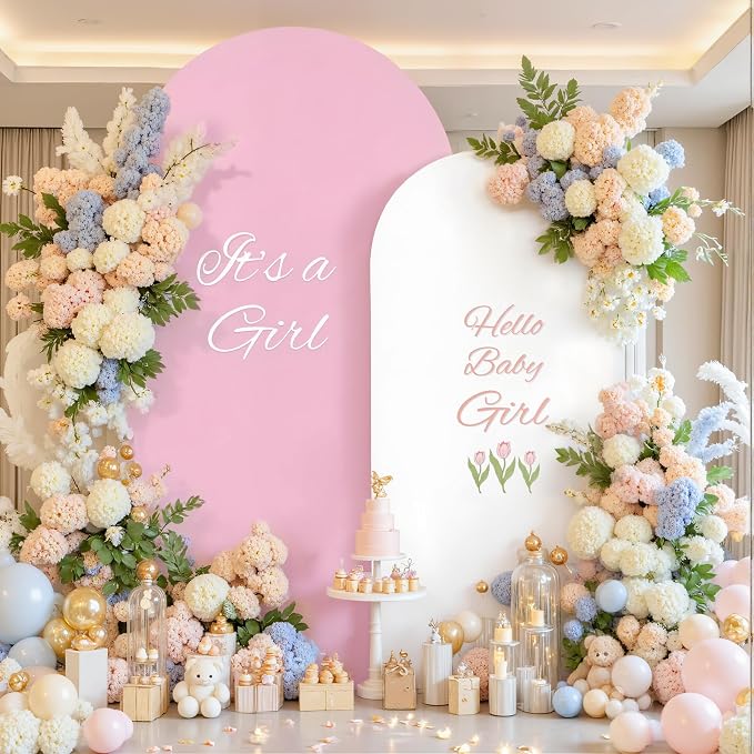 White Pink Photo Arch Backdrop Cover Set of 2-7.2ft and 6ft Arch Covers Stretchy Backdrop Spandex Baby Shower Arch Stand Covers for Girls Birthday Party Wedding Bridal Shower Background Decorations