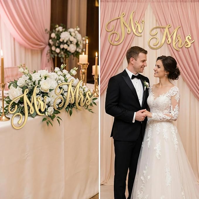 Mr & Mrs Sign for Wedding Chair Decor, Acrylic Gold Mr and Miss Sign,Photo Props, Freestanding Wedding Centerpiece Chair Letters Wedding Decorations for Anniversary,Engagement,Party (Gold, 0.2'')