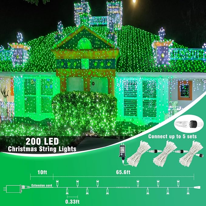 Vivideal 200 LED String Lights Indoor Connectable 66ft St Patricks Day Lights 8 Modes Clear Wire Waterproof Plug in Green Christmas Lights for Holiday Party Xmas Tree Decorations