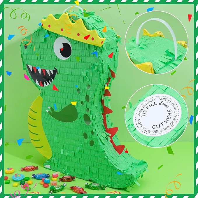 Dinosaur Birthday Party Favors Piñata Set Dino Decoration with Blindfold and Baton, 16 * 12 * 3 Inches, Dragon Pinata Green