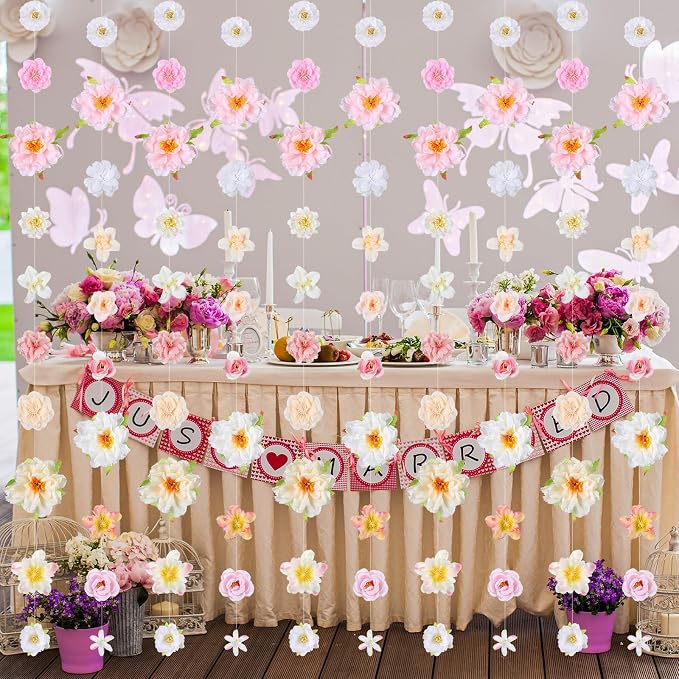 12 Pcs 79.2 ft Artificial Flower Garland Hanging Decorations Fake Floating Floral Garlands Dangling Flower Decorations for Party Background with Hooks for Birthday Home Garden(Cute Style)