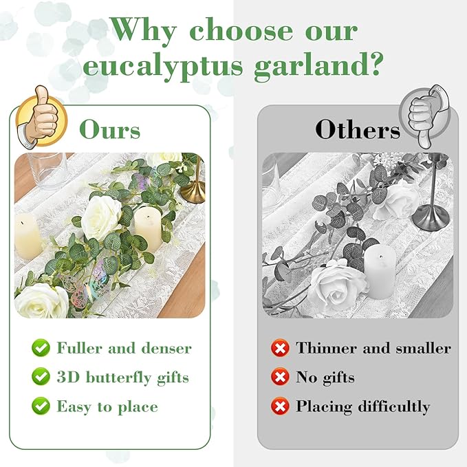 Yastouay 2 Pcs 13.1 Ft White Flower Garland With Butterfly, Artificial Eucalyptus With Flowers, Fake Rose Vine for Table Centerpiece, Wedding Arch, Baby Shower Party, Room Backdrop Decor