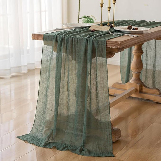 Keketoarrange Forest Green Summer Table Runner Gauze Rustic Cheesecloth 120 Inch 10 FT for Wedding Baby Shower Bridal Shower Birthday Party Sheer Boho Spring Home Decorations