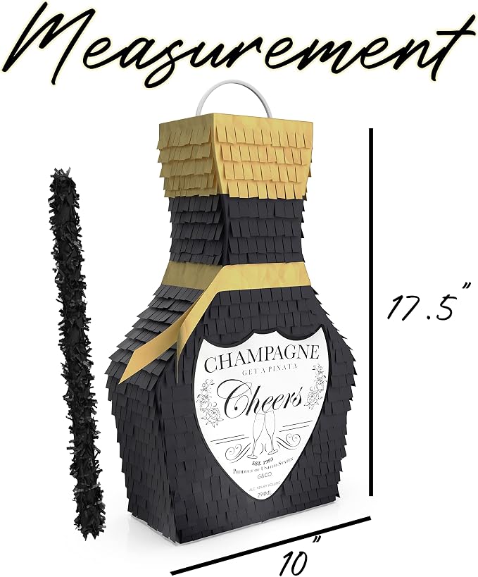 Jergrim Black and Gold Champagne Piñata with Stick 17”X11”X3” great for 21st Birthday, Decorations, Graduation, New Years & Wedding Props - Fits party favors