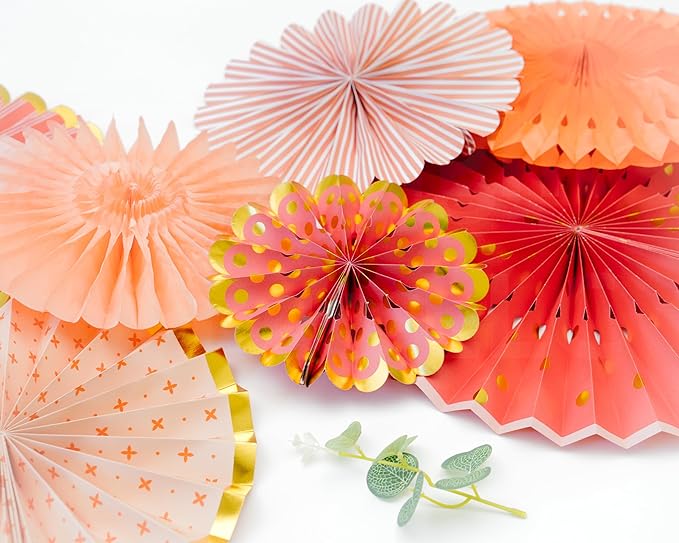 PapaKit 8-Piece Origami Paper Fan Set - Orange & Gold Metallic Hanging Pinwheels – Reusable Wall Backdrop for Birthday, Wedding, Bridal Shower, Baby Shower, & Boho Party Decorations