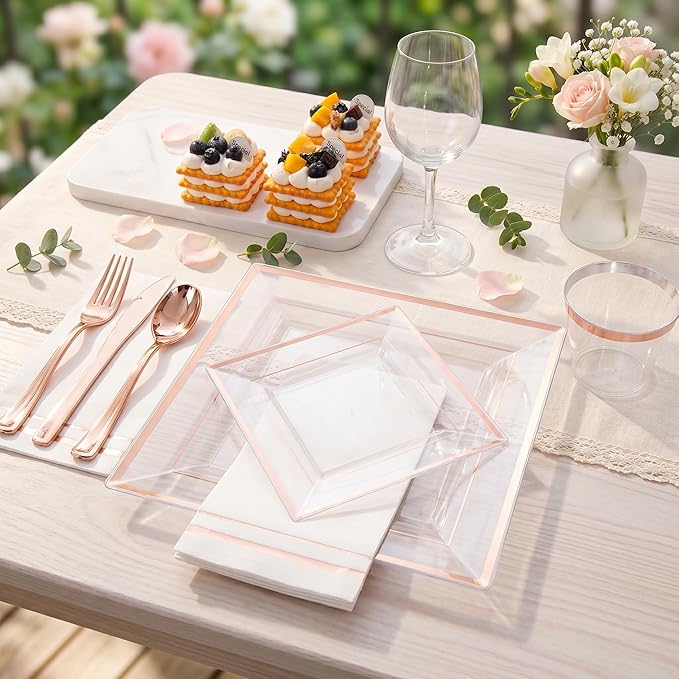 Festiva 350Pcs Rose Gold Plastic Plates - Clear Rose Gold Disposable Dinnerware Sets for 50Guests include 100 Plates 50 Cups 50Plastic Cutlery 50Napkins for Party&Wedding& Bridal Shower