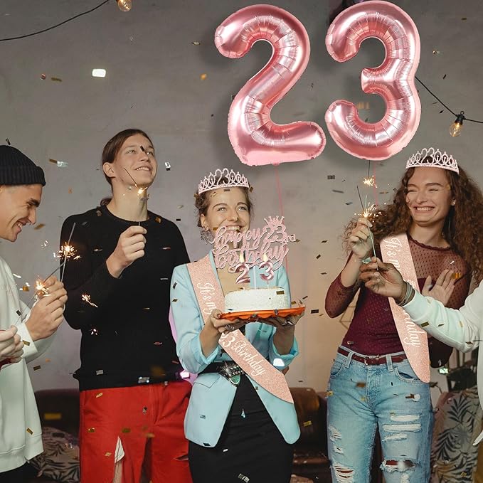 23rd Birthday Decorations for Women, Include 23rd Birthday Sash and Tiara, Cake Topper and Candles, Number Balloons, 23 Year Old Gifts for Women
