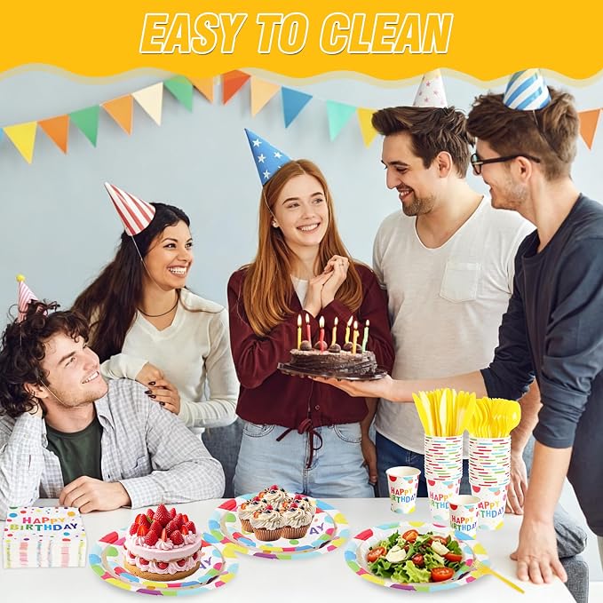 400 Pcs Disposable Birthday Party Tableware Set for 50 Guests | Heavy-Duty 7" & 9" Paper Plates, Cups, 13" Napkins & Plastic Cutlery, Rainbow Confetti "Happy Birthday" Party Supplies